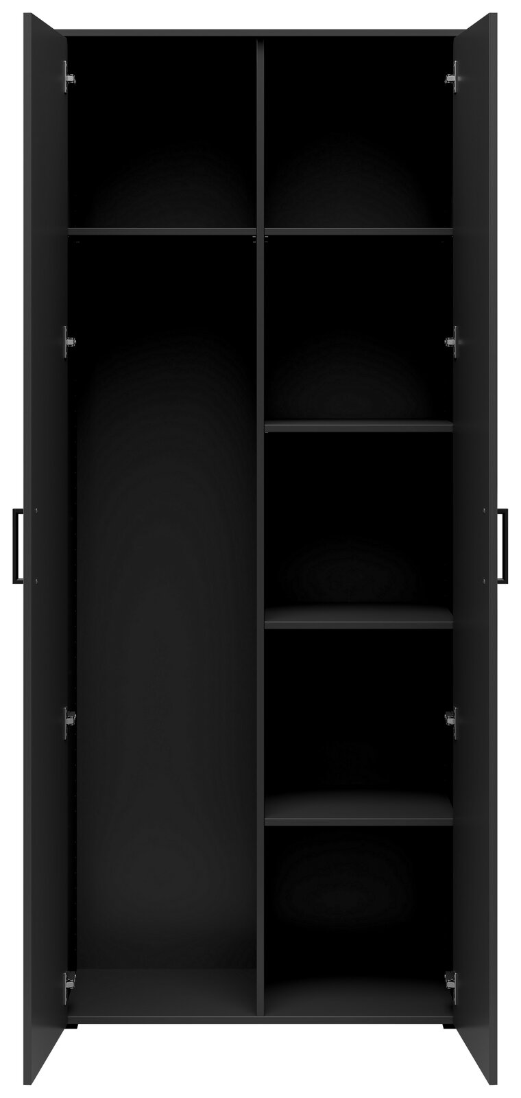 Offener schwarzer Mehrzweck-Vorratsschrank mit mehreren Regalböden, frontal betrachtet.