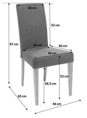 Grauer Stuhl mit Holzbeinen, Seitenansicht, mit detaillierten Abmessungen.