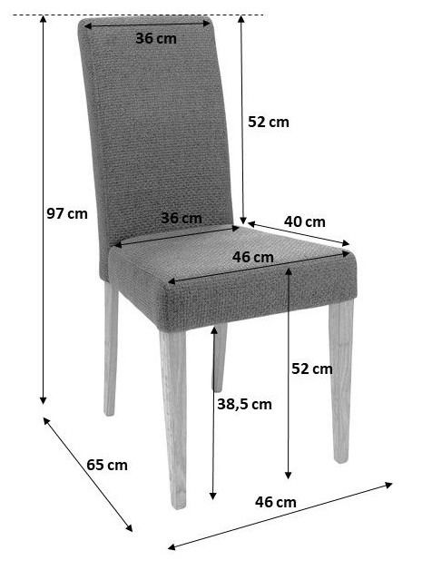 Grauer Stuhl mit Holzbeinen, Seitenansicht, mit detaillierten Abmessungen.
