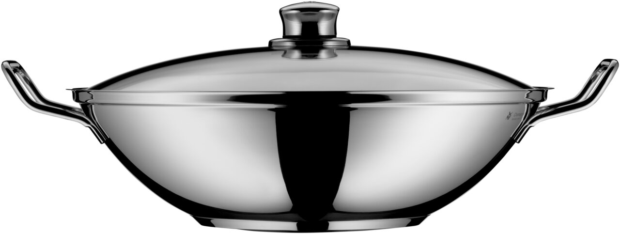 WMF Wok 3-tlg. TAIWAN Wokpfanne aus Edelstahl mit Deckel, seitliche Perspektive