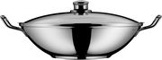 Wokpfanne aus Edelstahl mit Deckel, seitliche Perspektive