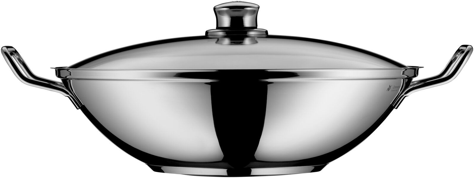 Wokpfanne aus Edelstahl mit Deckel, seitliche Perspektive