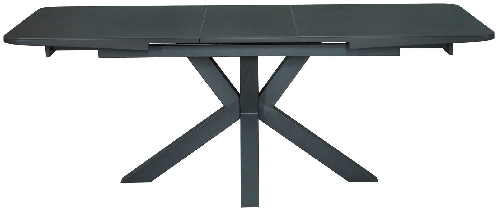 Moderner Esstisch in dunklem Grau mit X-förmigem Gestell, seitliche Perspektive