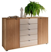 Kombikommode aus Holz mit fünf Schubladen in der Mitte und zwei Türen an den Seiten, dekoriert mit Pflanzen und Vasen, Perspektive von vorne.