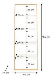 Frontansicht eines hohen Leiterregals mit Holzrahmen und vier weißen Ablagen; Maße ca. 165 cm hoch, 62 cm breit und 37 cm tief, mit eingezeichneten Abständen zwischen den Böden.