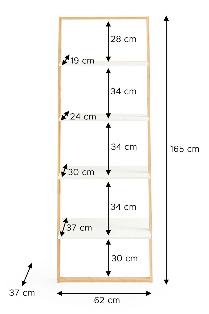 Frontansicht eines hohen Leiterregals mit Holzrahmen und vier weißen Ablagen; Maße ca. 165 cm hoch, 62 cm breit und 37 cm tief, mit eingezeichneten Abständen zwischen den Böden.