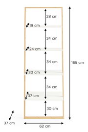 Frontansicht eines hohen Leiterregals mit Holzrahmen und vier weißen Ablagen; Maße ca. 165 cm hoch, 62 cm breit und 37 cm tief, mit eingezeichneten Abständen zwischen den Böden.