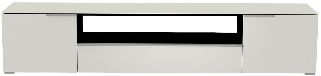 Moderano XL TV-Lowboard BORMIO Frontansicht eines weißen XL TV-Lowboards mit zwei Türen und einem offenen Fach in der Mitte.