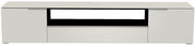 Frontansicht eines weißen XL TV-Lowboards mit zwei Türen und einem offenen Fach in der Mitte.