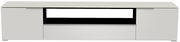 Frontansicht eines weißen XL TV-Lowboards mit zwei Türen und einem offenen Fach in der Mitte.