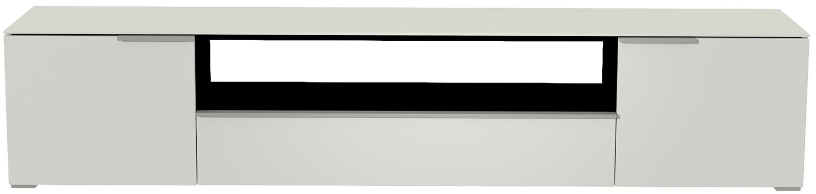 Frontansicht eines weißen XL TV-Lowboards mit zwei Türen und einem offenen Fach in der Mitte.