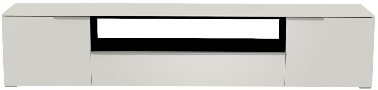 Frontansicht eines weißen XL TV-Lowboards mit zwei Türen und einem offenen Fach in der Mitte.
