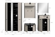 Maßgrafik eines dreiteiligen Flurmöbel-Sets in Hellgrau/Schwarz (Schuhschrank, Garderobenpaneel mit Haken, Spiegel und Sitzbank) mit eingezeichneten Abmessungen und Belastungsangaben, frontale Ansicht