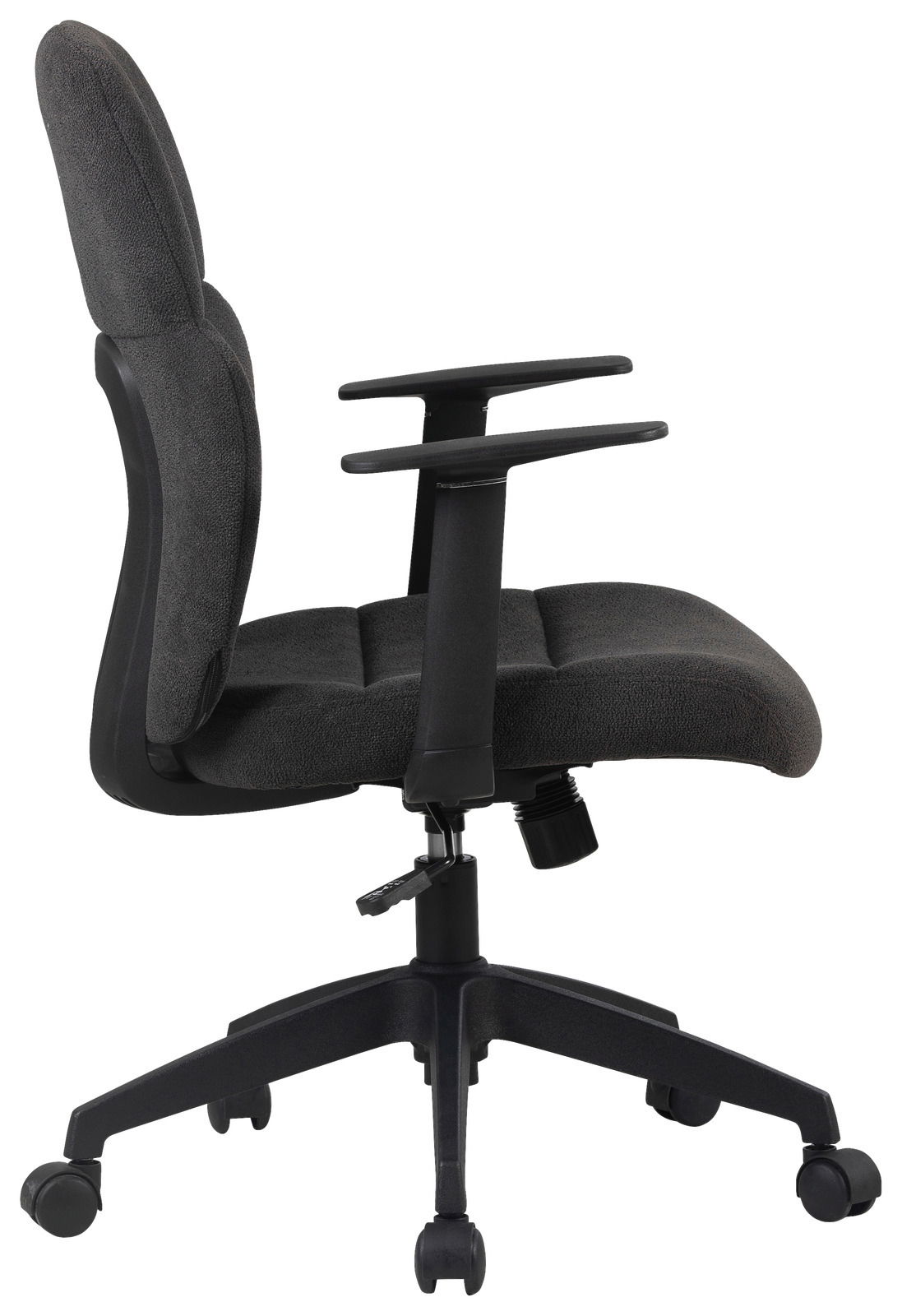 Grauer Drehstuhl mit Armlehnen, Seitenansicht