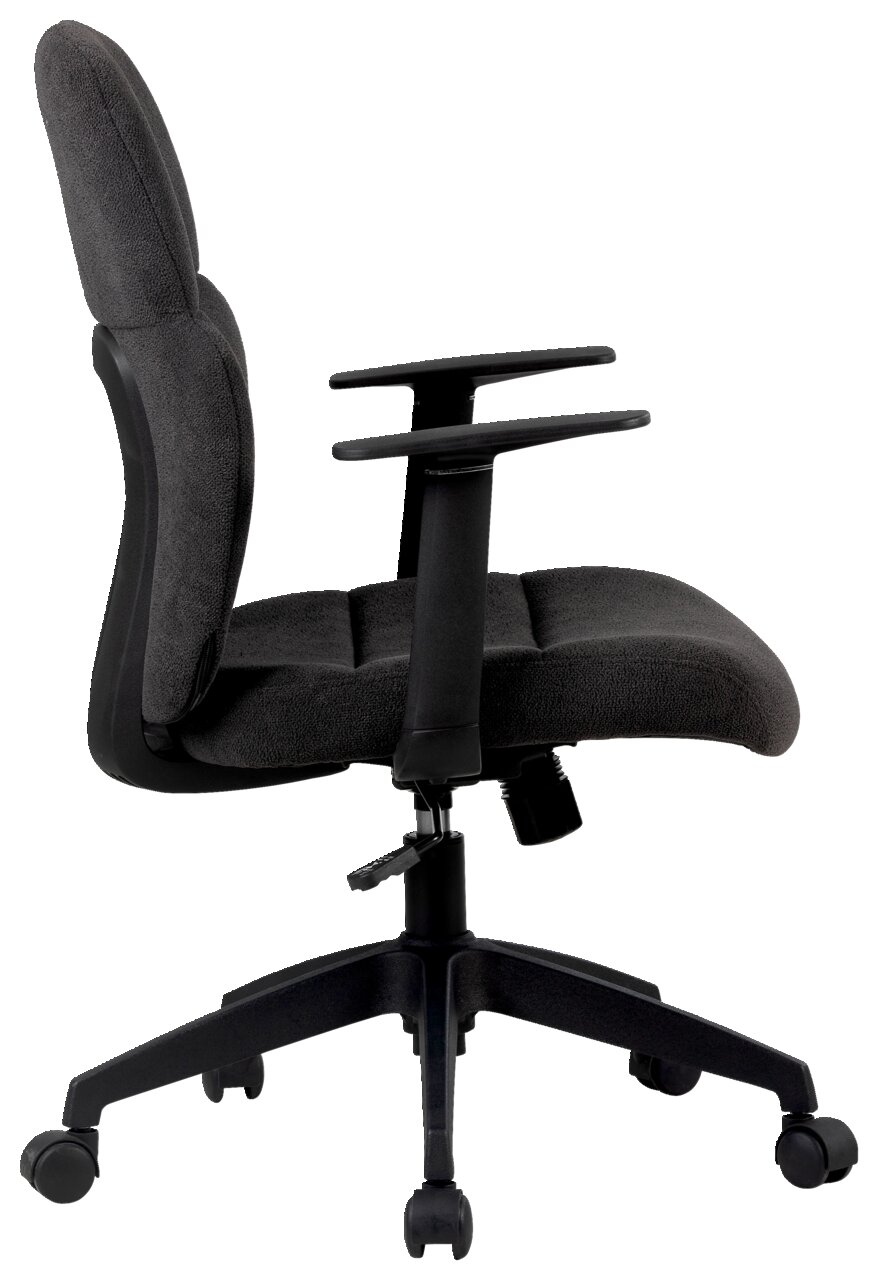 Grauer Drehstuhl mit Armlehnen, Seitenansicht