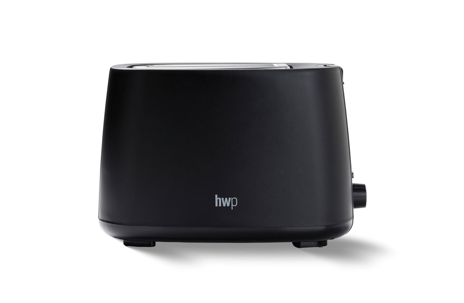 Schwarzer Toaster in Frontalansicht mit schlichtem Design und seitlichem Drehknopf