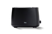 Schwarzer Toaster in Frontalansicht mit schlichtem Design und seitlichem Drehknopf