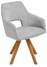 Moderner grauer Sessel mit Holzbeinen, seitliche Perspektive