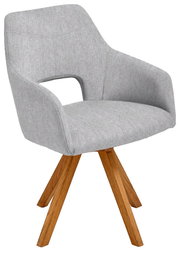 Moderner grauer Sessel mit Holzbeinen, seitliche Perspektive