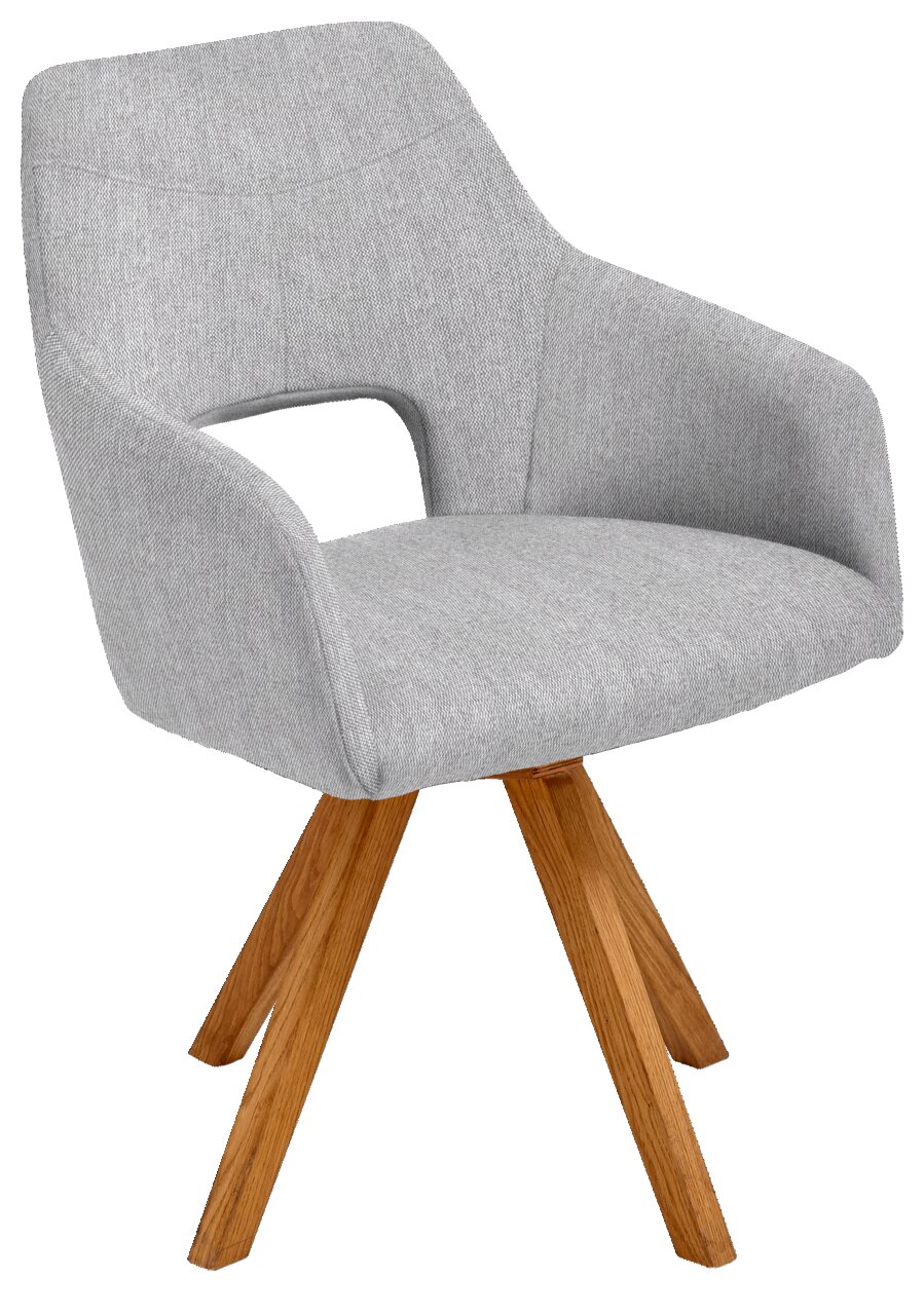 Moderner grauer Sessel mit Holzbeinen, seitliche Perspektive