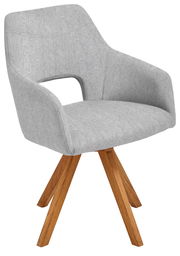 Moderner grauer Sessel mit Holzbeinen, seitliche Perspektive