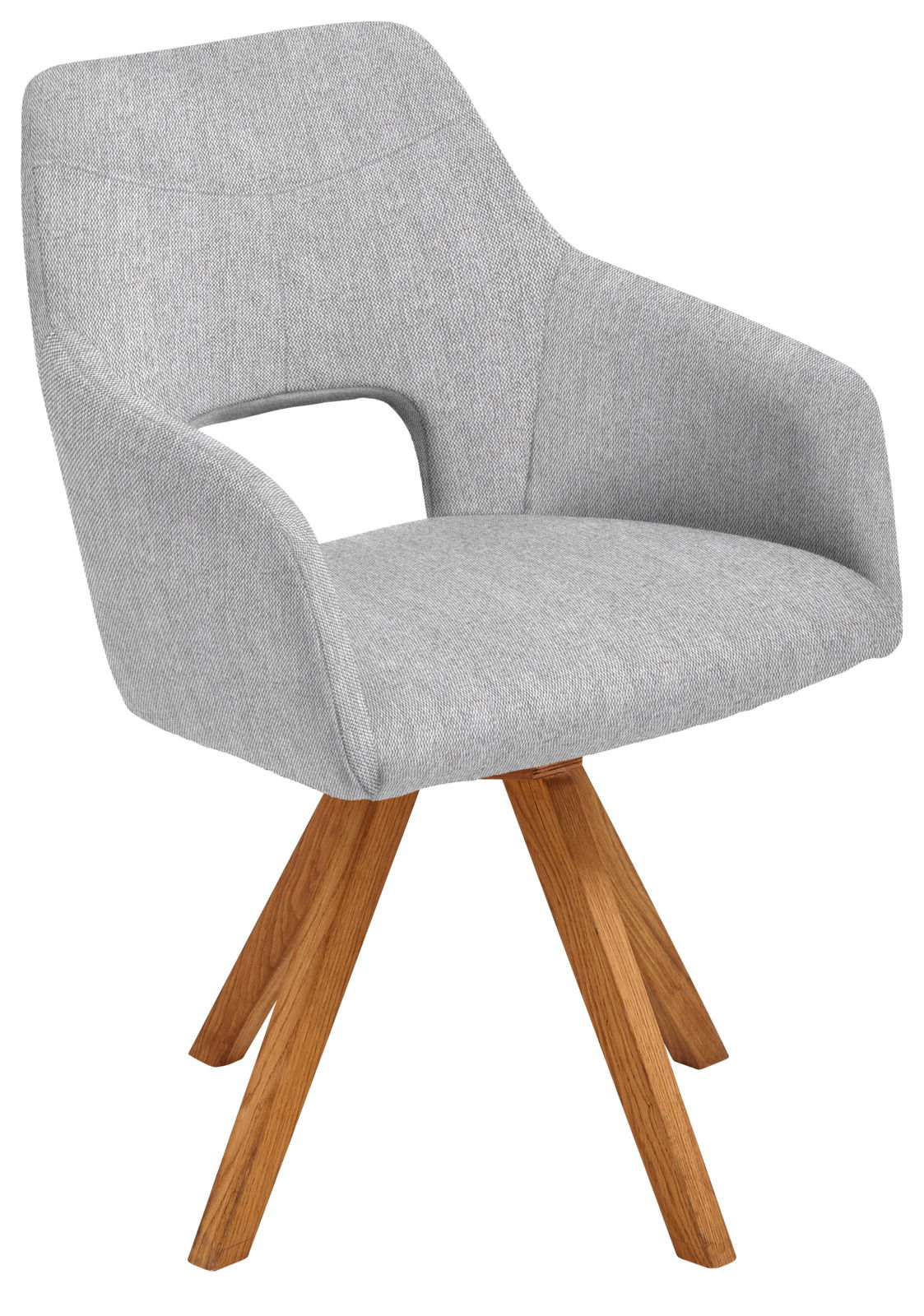 Moderner grauer Sessel mit Holzbeinen, seitliche Perspektive