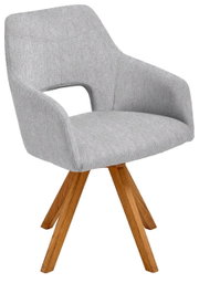 Moderner grauer Sessel mit Holzbeinen, seitliche Perspektive