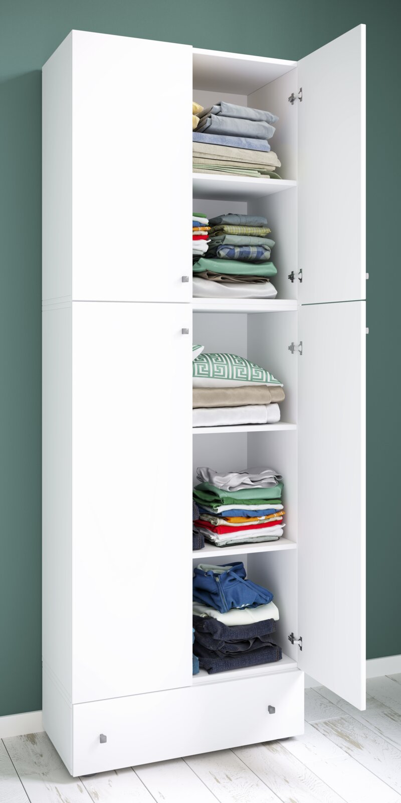 VCM Kleiderschrank LONA Weißer Kleiderschrank mit offenen Türen und mehreren Fächern, gefüllt mit gefalteter Kleidung; Frontansicht leicht von links (3/4-Perspektive).