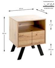 Nachttisch/Beistellschrank in Eiche-Optik mit zwei Türen und offenem Fach, melaminharzbeschichtete Oberfläche, Maße ca. 45 x 40 x 60 cm, schwarze schräge Beine; Ansicht schräg von vorn (Front- und rechte Seite sichtbar).