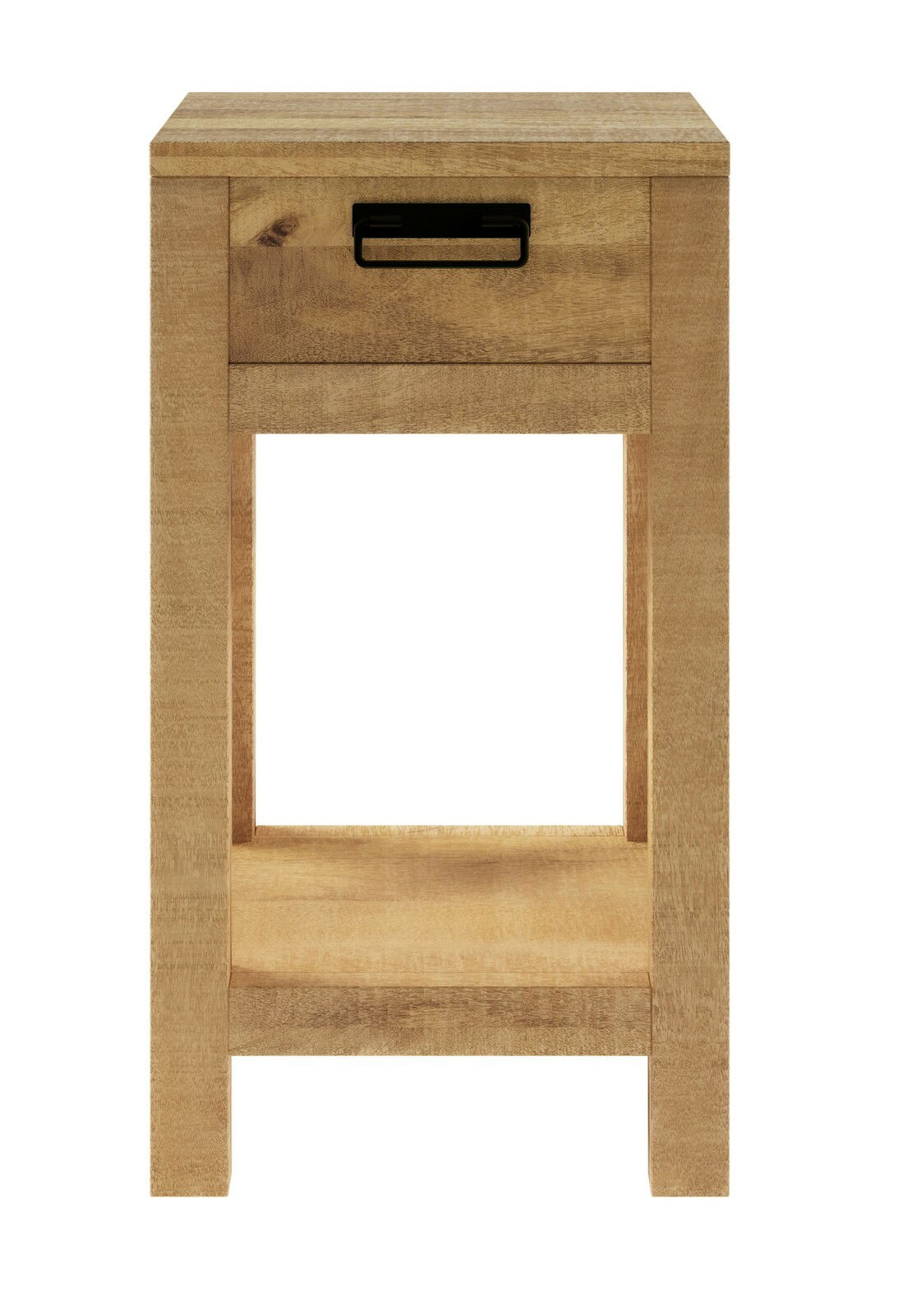 Vorderansicht einer kleinen Blumensäule aus Holz mit Schublade und Ablagefläche.