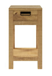 Vorderansicht einer kleinen Blumensäule aus Holz mit Schublade und Ablagefläche.