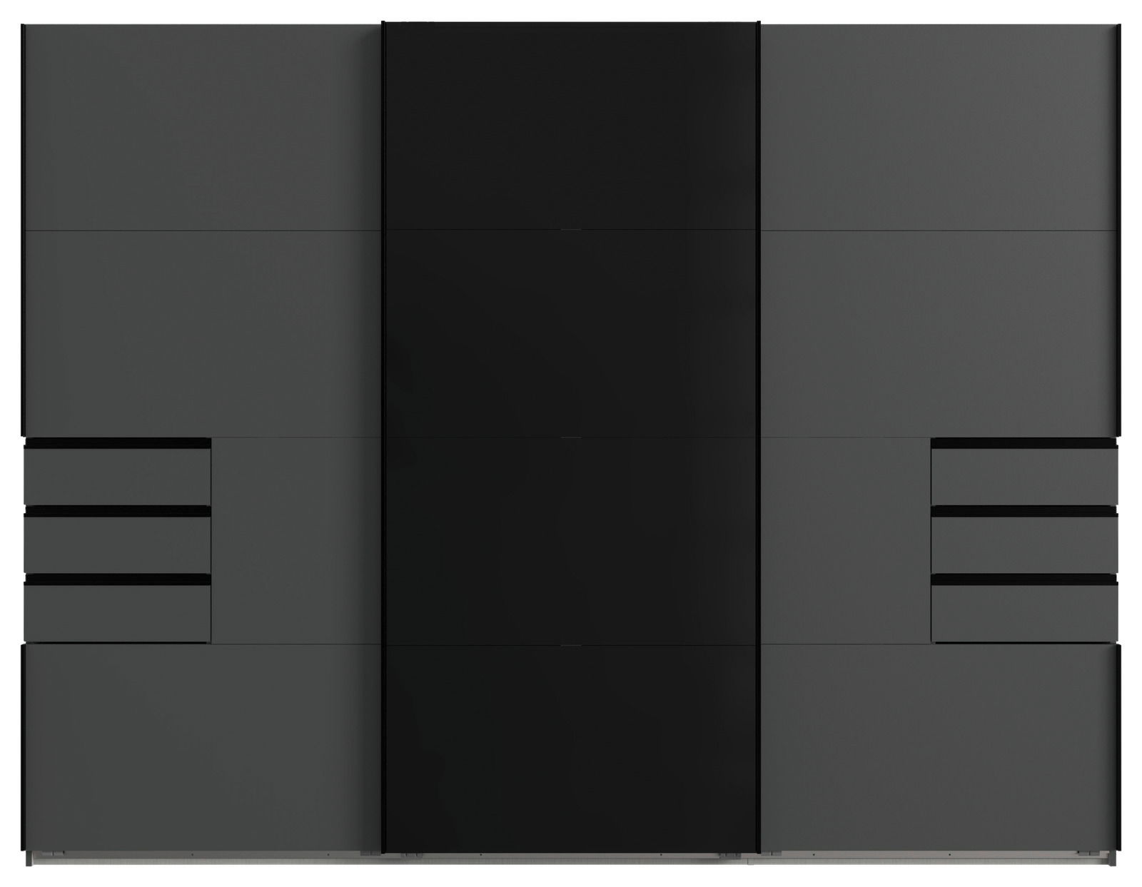 Moderner Schwebetürenschrank in dunklem Design, Frontalansicht