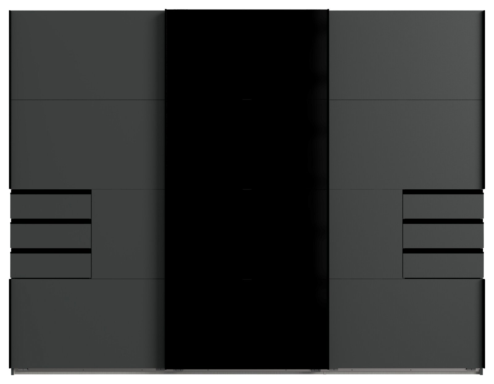 Moderner Schwebetürenschrank in dunklem Design, Frontalansicht
