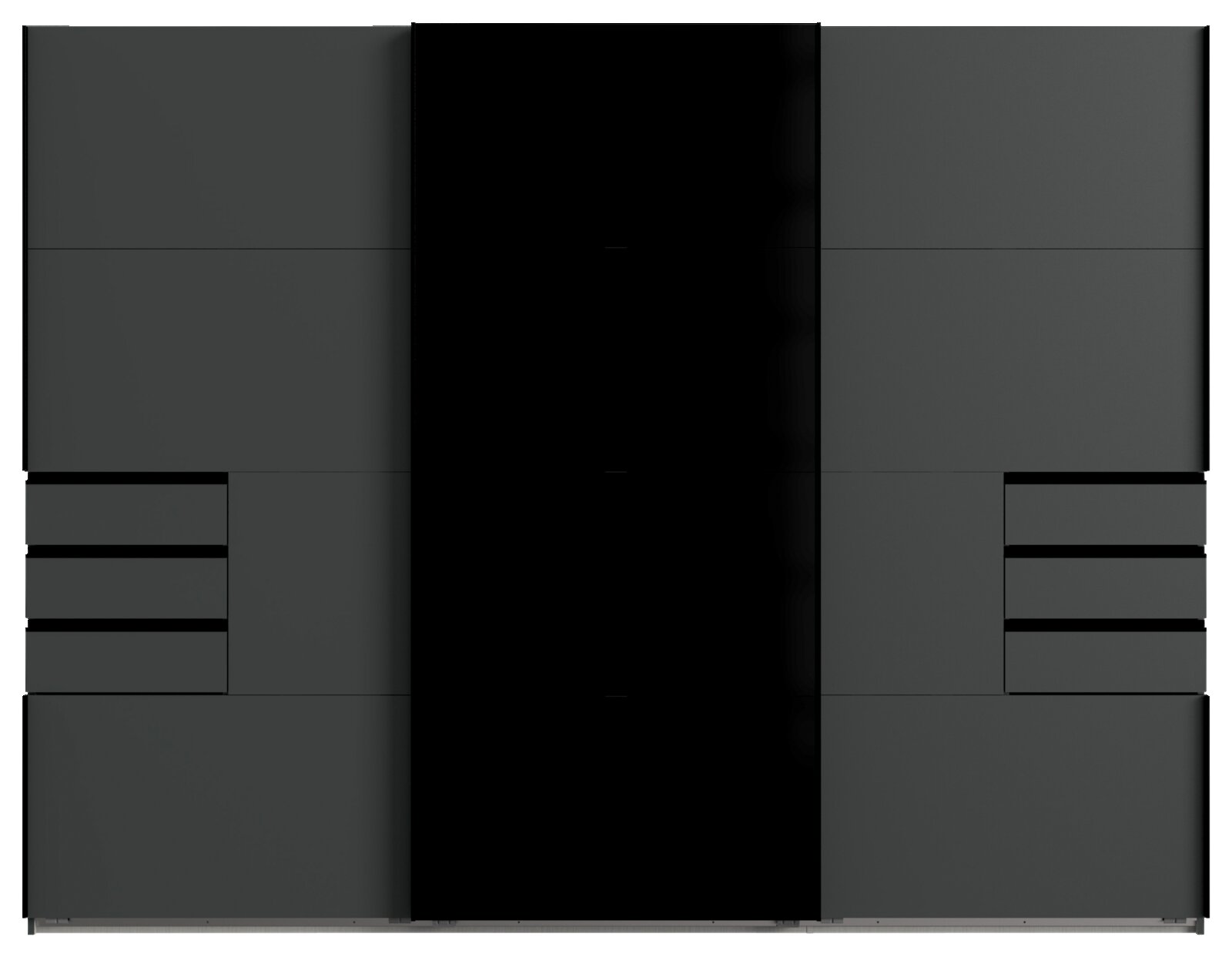 Moderner Schwebetürenschrank in dunklem Design, Frontalansicht