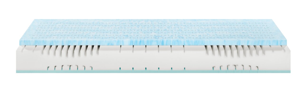 Seitenansicht einer Matratze 200x200 SOFT/MEDIUM mit blauer Oberfläche und weißem Kern mit Lüftungsschlitzen.