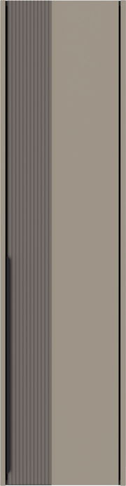 Frontansicht eines Hängegarderobenschranks mit einer geriffelten und einer glatten Tür in neutralen Farben.