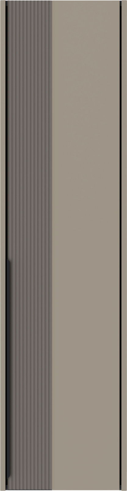 Frontansicht eines Hängegarderobenschranks mit einer geriffelten und einer glatten Tür in neutralen Farben.