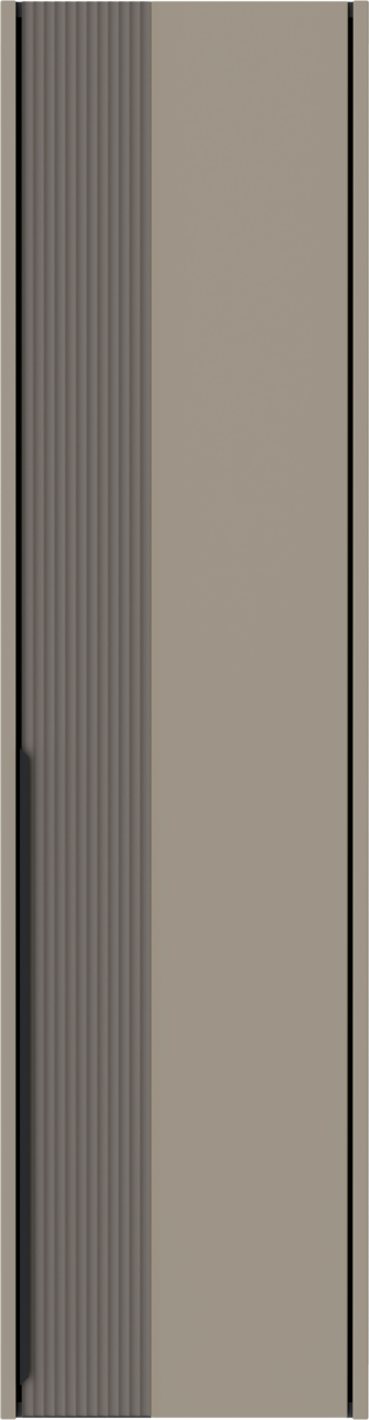 Frontansicht eines Hängegarderobenschranks mit einer geriffelten und einer glatten Tür in neutralen Farben.