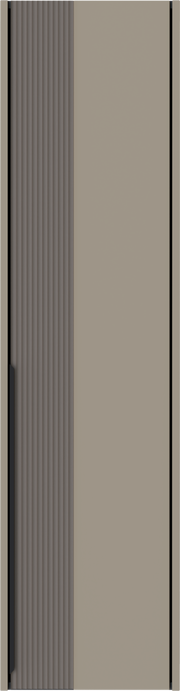 Frontansicht eines Hängegarderobenschranks mit einer geriffelten und einer glatten Tür in neutralen Farben.