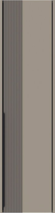 Frontansicht eines Hängegarderobenschranks mit einer geriffelten und einer glatten Tür in neutralen Farben.