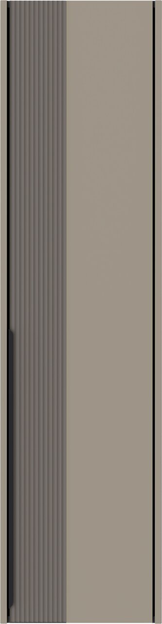 Frontansicht eines Hängegarderobenschranks mit einer geriffelten und einer glatten Tür in neutralen Farben.