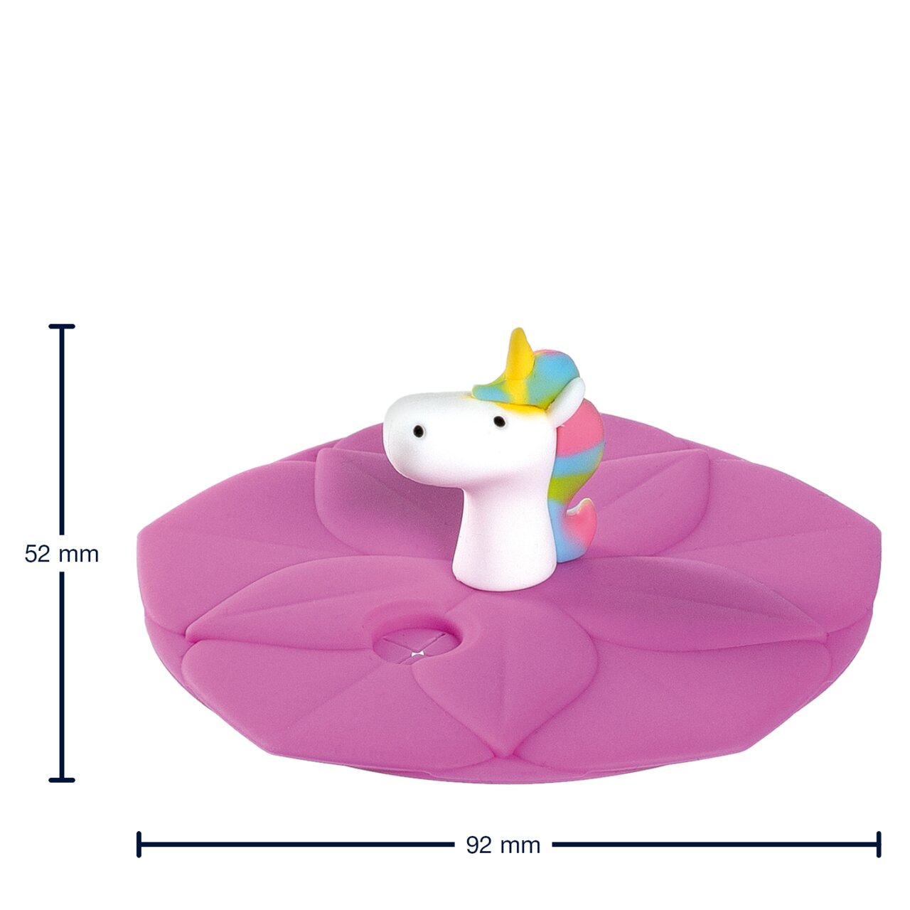 Kleurrijk eenhoornfiguurtje op een roze onderzetter, zijaanzicht