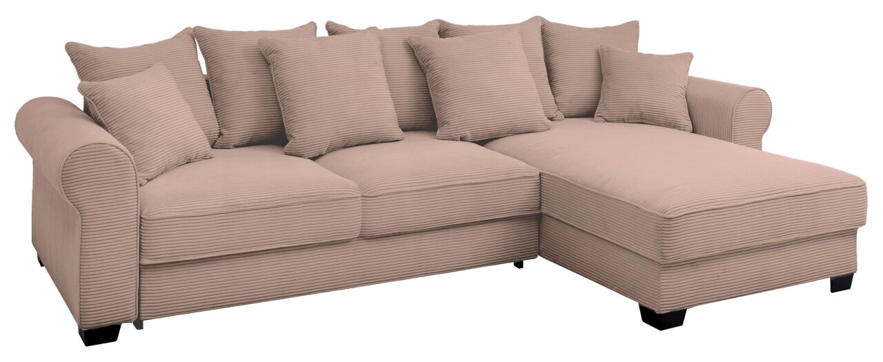 Hom´in Ecksofa MAUREEN XL Beige Ecksofa mit mehreren Kissen, aus einer leicht erhöhten Perspektive fotografiert.