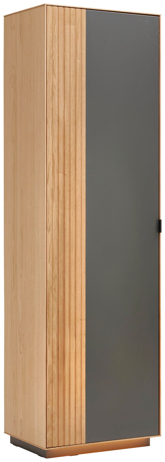 Moderner Garderobenschrank aus Holz mit einer grauen Tür, seitliche Perspektive