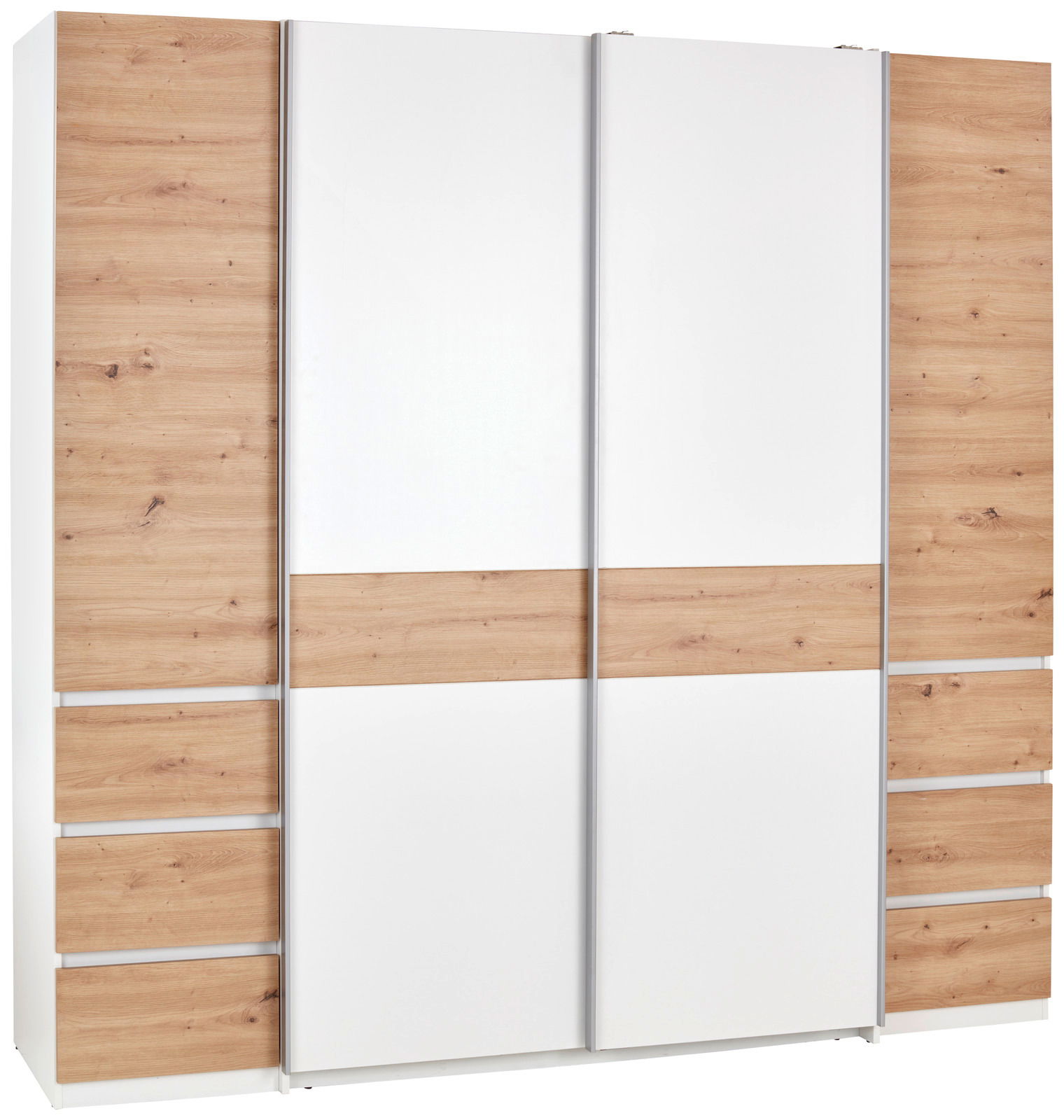 Z2 Dreh-/Schwebetürenschrank 4trg FABIO Moderner Dreh- und Schwebetürenschrank mit vier Türen in Holzoptik und weißen Elementen, Frontalansicht.