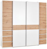 Moderner Dreh- und Schwebetürenschrank mit vier Türen in Holzoptik und weißen Elementen, Frontalansicht.