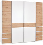 Moderner Dreh- und Schwebetürenschrank mit vier Türen in Holzoptik und weißen Elementen, Frontalansicht.