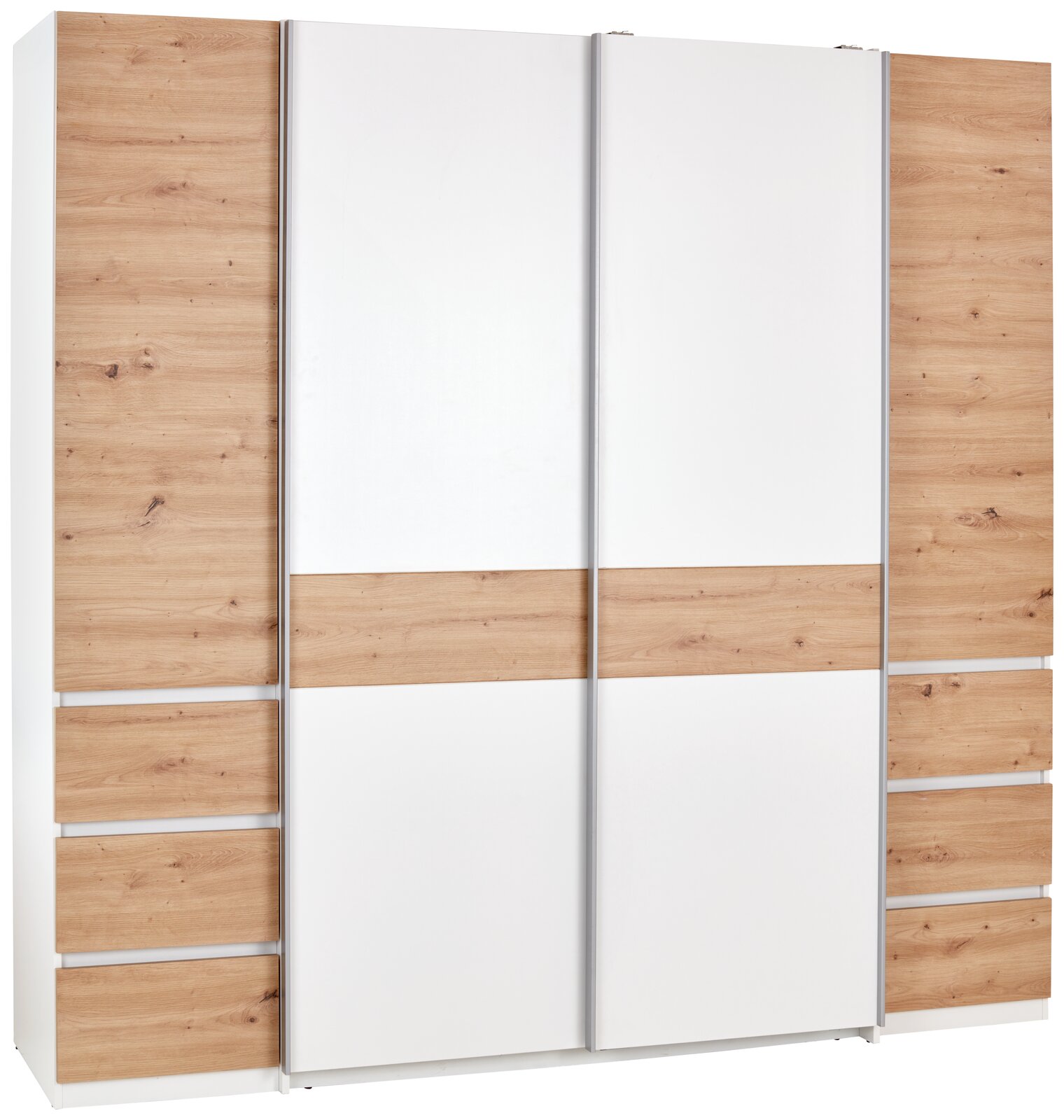 Moderner Dreh- und Schwebetürenschrank mit vier Türen in Holzoptik und weißen Elementen, Frontalansicht.