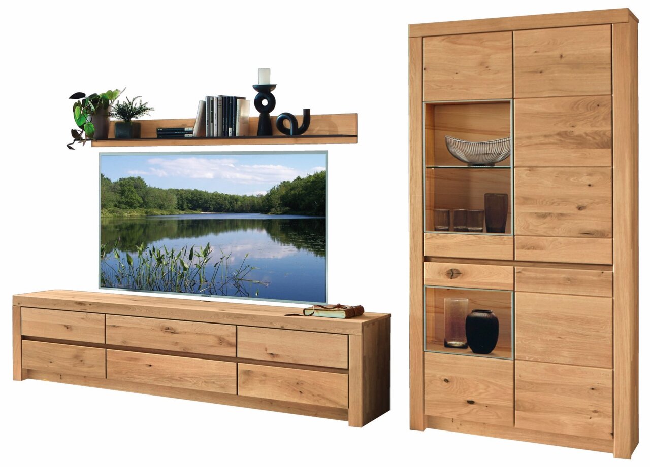 Wöstmann Markenmöbel Wandcombinatie SOLEO 3000 Houten wandmeubel met tv-kast, plank en vitrinekast, gezien vanaf de voorkant.