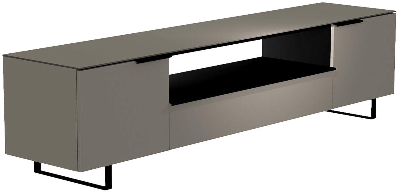 Moderano XL TV-Lowboard BORMIO Modernes XL TV-Lowboard der Serie BORMIO in seitlicher Perspektive, mit minimalistischen Linien und schwarzem Metallgestell.